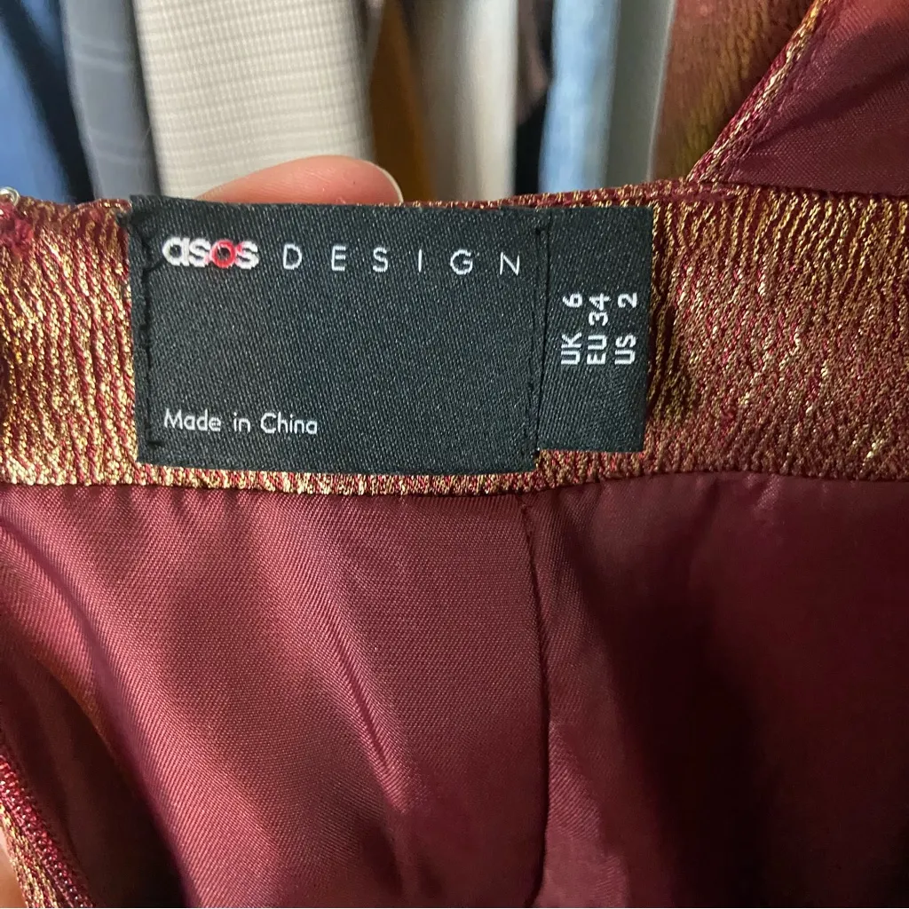 ASOS DESIGN Size 2 Super Sleeve Metallic Open Square Back Tux Mini Dress Gold - Image 7