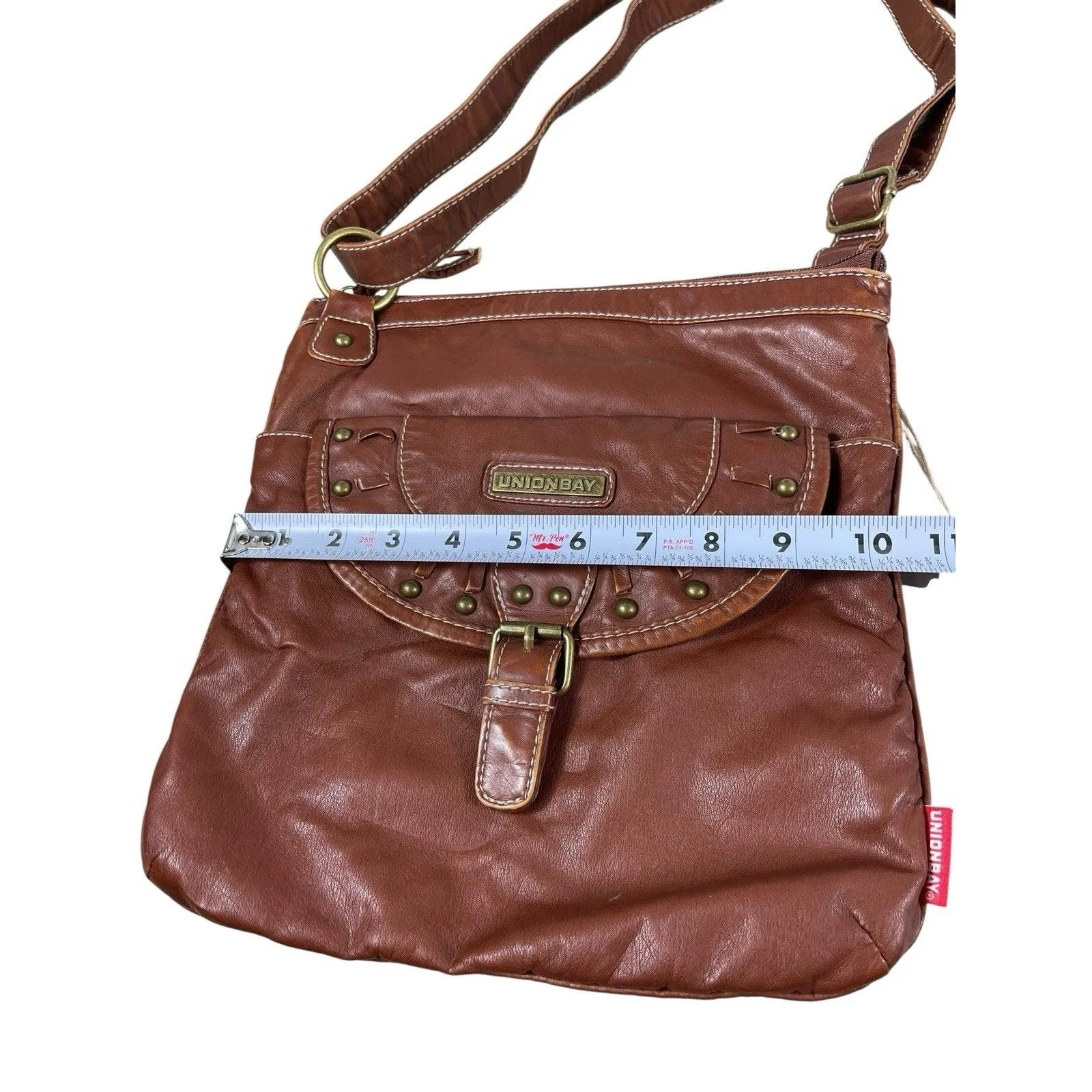 Unionbay Crossbody Bag Cognac Brown Faux Leather Studded Buckle Purse NWT - Image 11