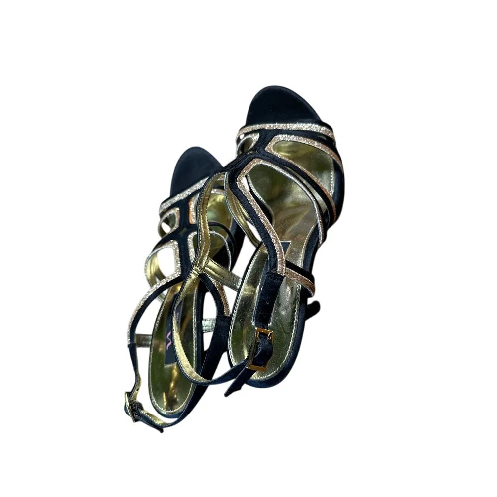 Nina New York Elegant Strappy Evening‎ Sandals Glitter Trim Black & Silver Heel Size 8 - Image 4