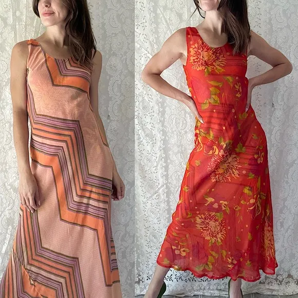 Vintage 90s Tangerine & Red Reversible Floral + Geometric Mesh Maxi Dress - Image 2