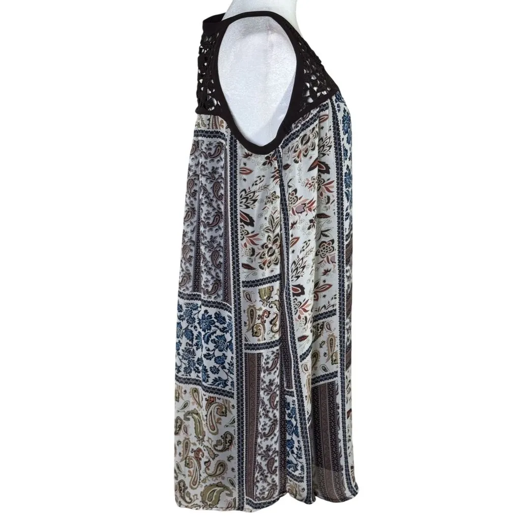 Blu Heaven Size M Top Tunic Womens Patchwork Print Sleeveless Crochet Yoke Brown Size M - Image 3