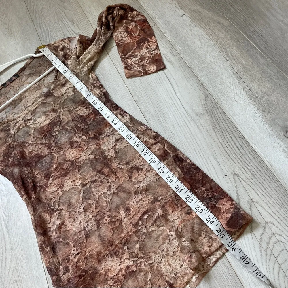 Y2K Lace Dress sheer mesh long sleeve bodycon womens Brown (small) romantic club Tan - Image 5