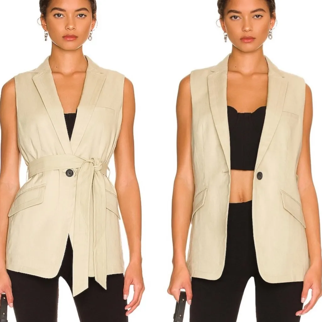 Rag & Bone Margot Sleeveless Belted Linen Blazer in Beige Light Sage Size 4 - Image 2