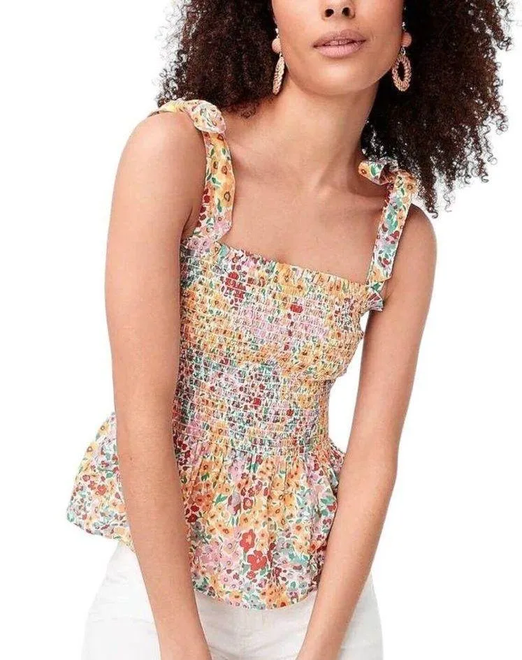 New J Crew Top Womens M Smocked Ditsy Floral Tie Shoulder Straps Tank Multi - Image 15