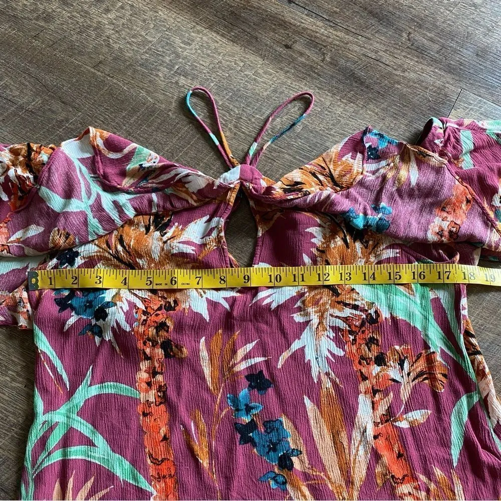 Express Top Floral Off Shoulder Tropical Ruffle Hawaiian Pink Purple - Image 11