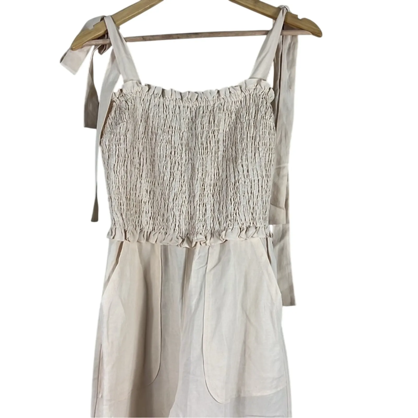 Rebecca Taylor Jumpsuit Womens 4 Cream Smocked Tie Strap Wide Leg Linen Beachy - Image 3