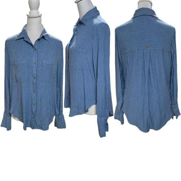 Blue & White Striped Long Sleeve Button Down Women's Shirt Size Small - Image 2