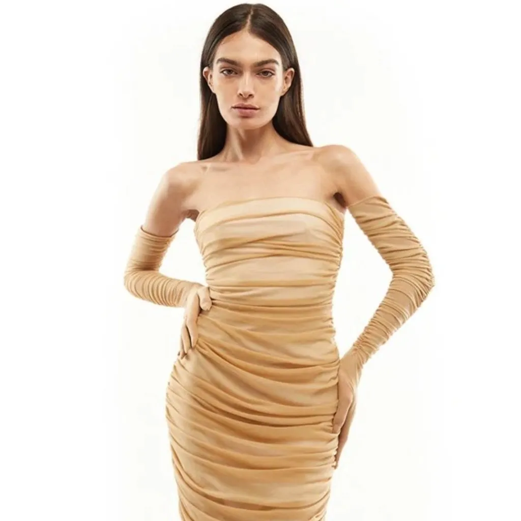 Mother of All Eleanora Long Gloves in Golden Nude Mesh Small New Womens Opera Tan - Image 14