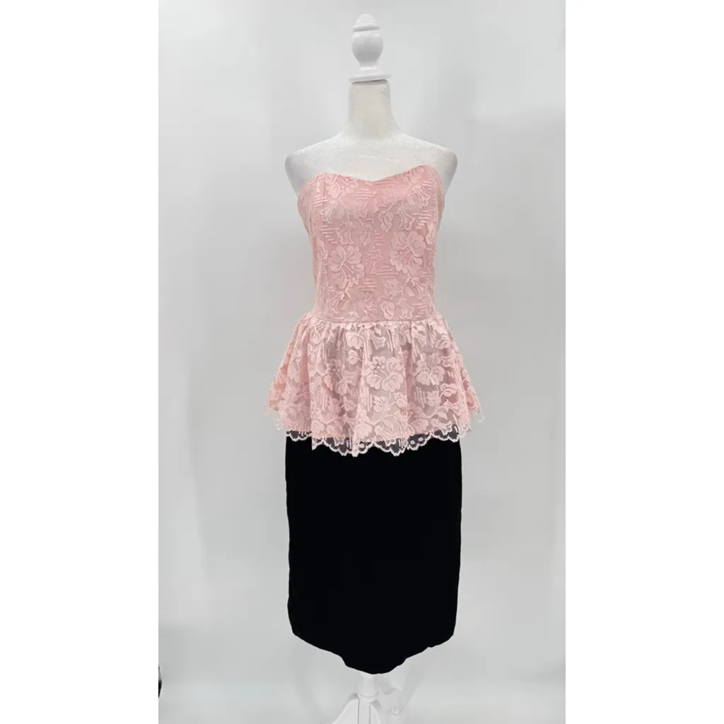 Vintage 80s Strapless Formal Dress Pink Lace Peplum Velvet Skirt Made in USA Size M - Image 2