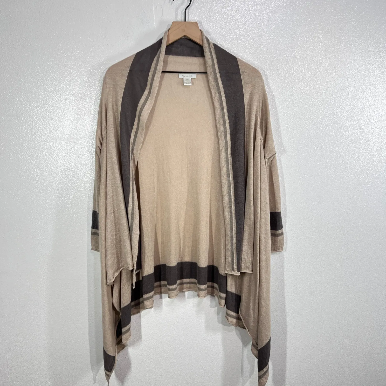 Garnet‎ Hill L Open Front Cardigan Tan Brown Stripe Trim Lightweight Knit Draped - Image 2