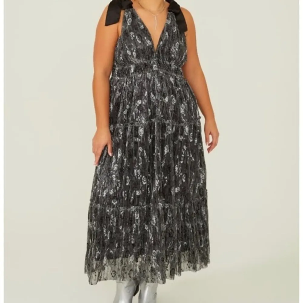 Arula Black & Silver Shimmer Shine Floral Sleeveless Maxi Dress Size XL - Image 10