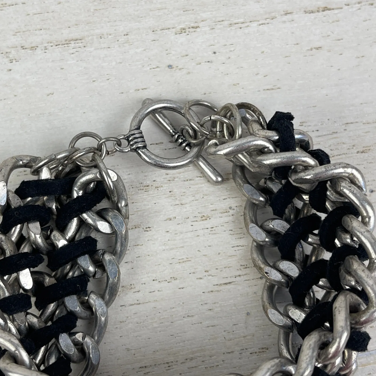 Silver Tone Chain Link Bracelet Black Braided Faux Leather Toggle Clasp NWOT - Image 9