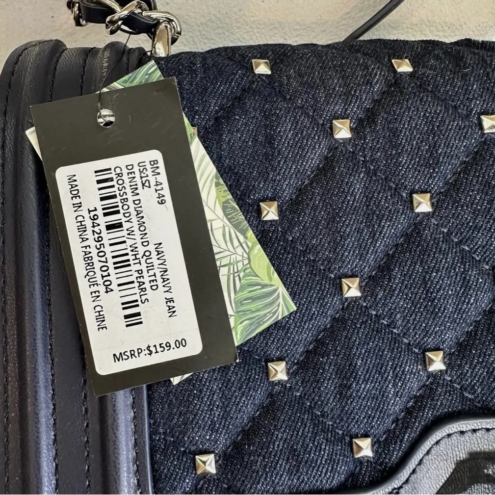 Badgley Mischka Denim Diamond Quilted Crossbody Bag Purse w/Faux Pearls NWT - Image 7