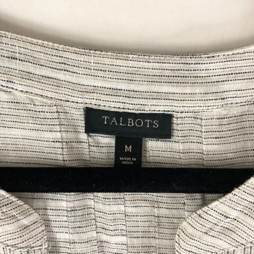 Talbots Womens Linen Tunic Top Striped Tie Sleeves Beige Gray M - Image 3