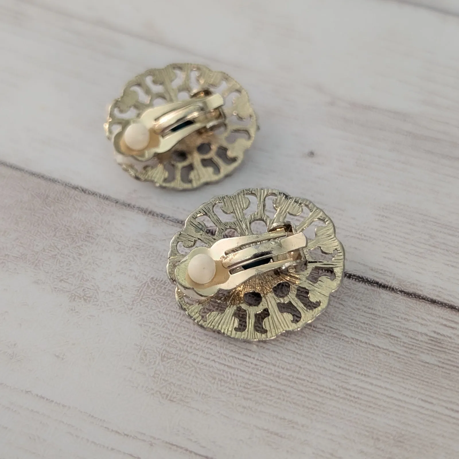 Vintage Clip On Earrings Large Ornate Gold Tone with Dark Teal Center Statement Green - Image 5