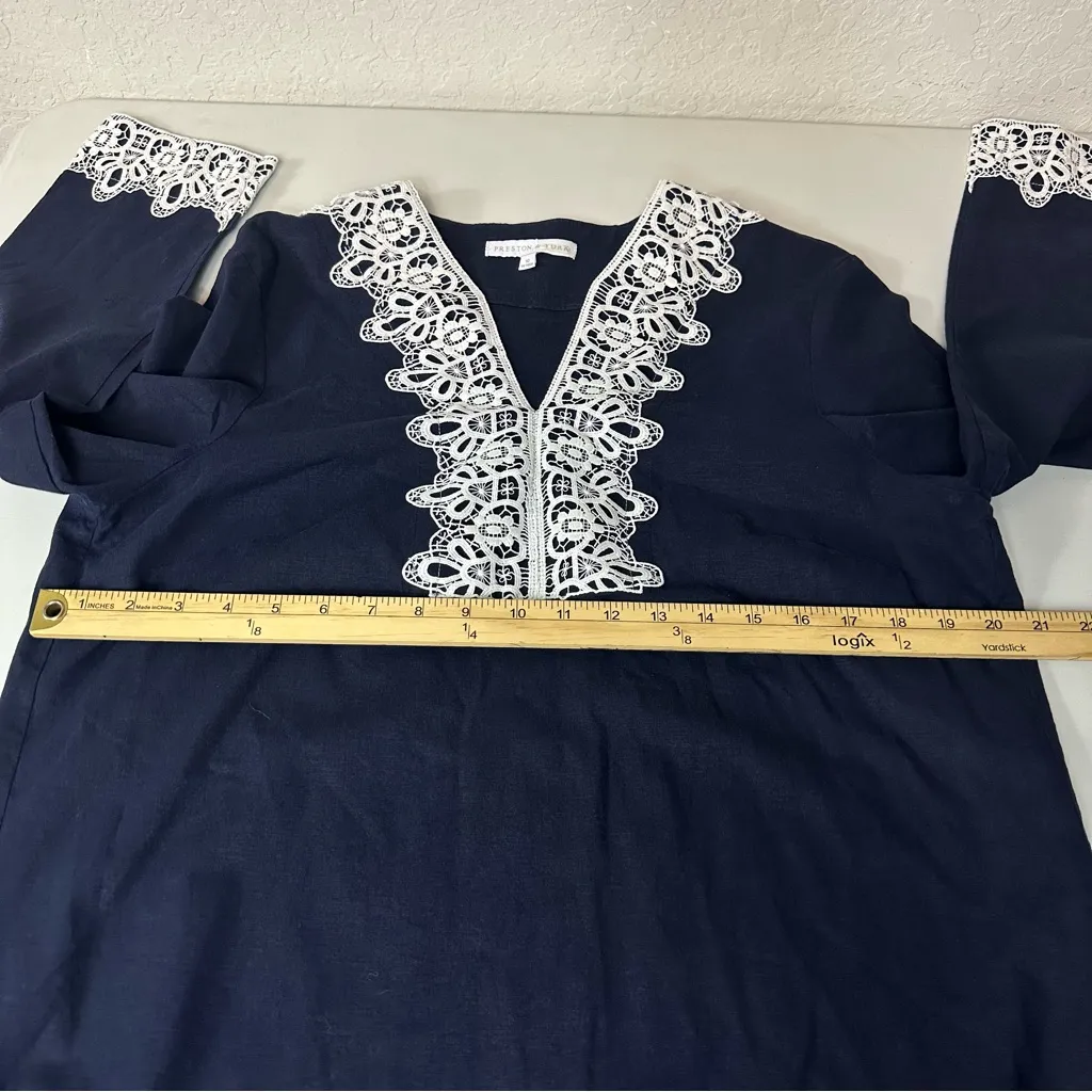 Preston & York Navy Lace Embroidered V-Neck Linen Blend Tunic Blouse Size 10 - Image 6