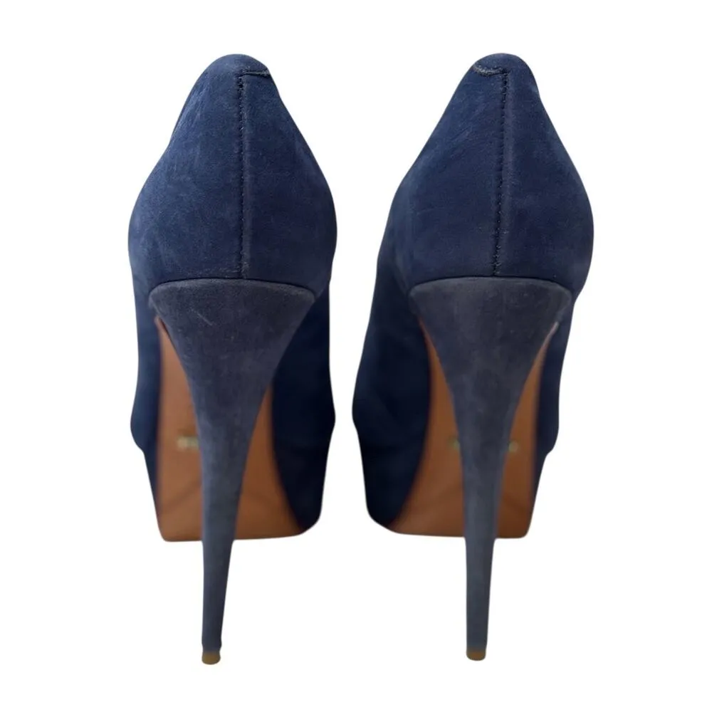 Schutz Navy Suede Peep Toe Platform Heels Gold Tip Size 6B / EU 37 - Image 3