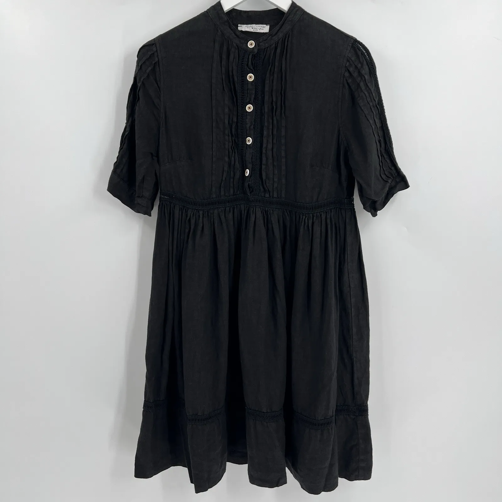 Haris Cotton 100% Linen Dress Size XS Black Crochet Trim Made in Greece Coastal - Image 2