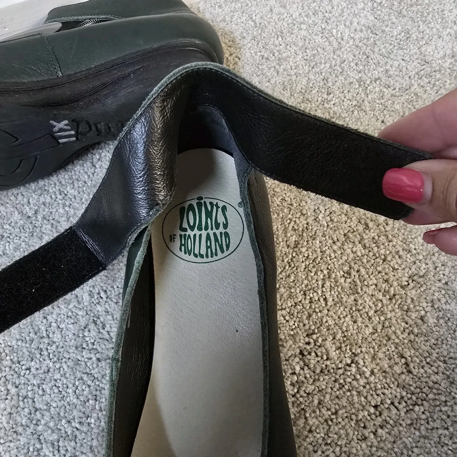 Loints of Holland Green Leather Sydney Mary Jane Shoes 38 8‎ Ankle Strap Wedge Black - Image 8