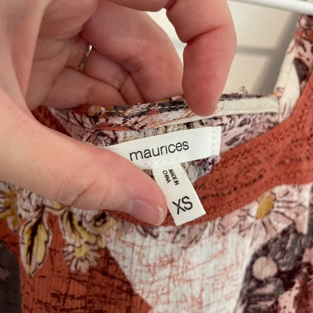 MAURICES Crochet Trim Patchwork Babydoll Blouse Multi Floral Boho 3/4 Sleeve Top - Image 8