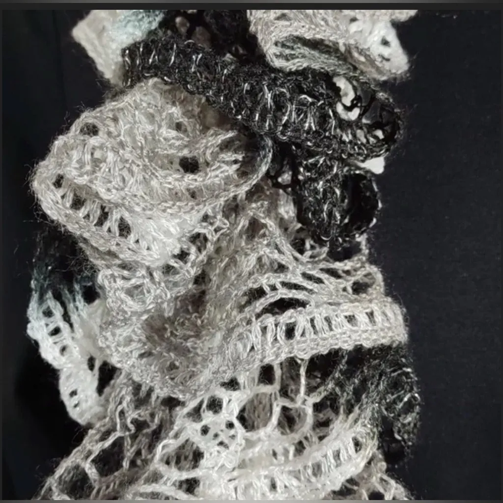 Ruffle Scarf, Black, White, Grey, Frilly Scarf, Crochet,, Lace Scarf - Image 3