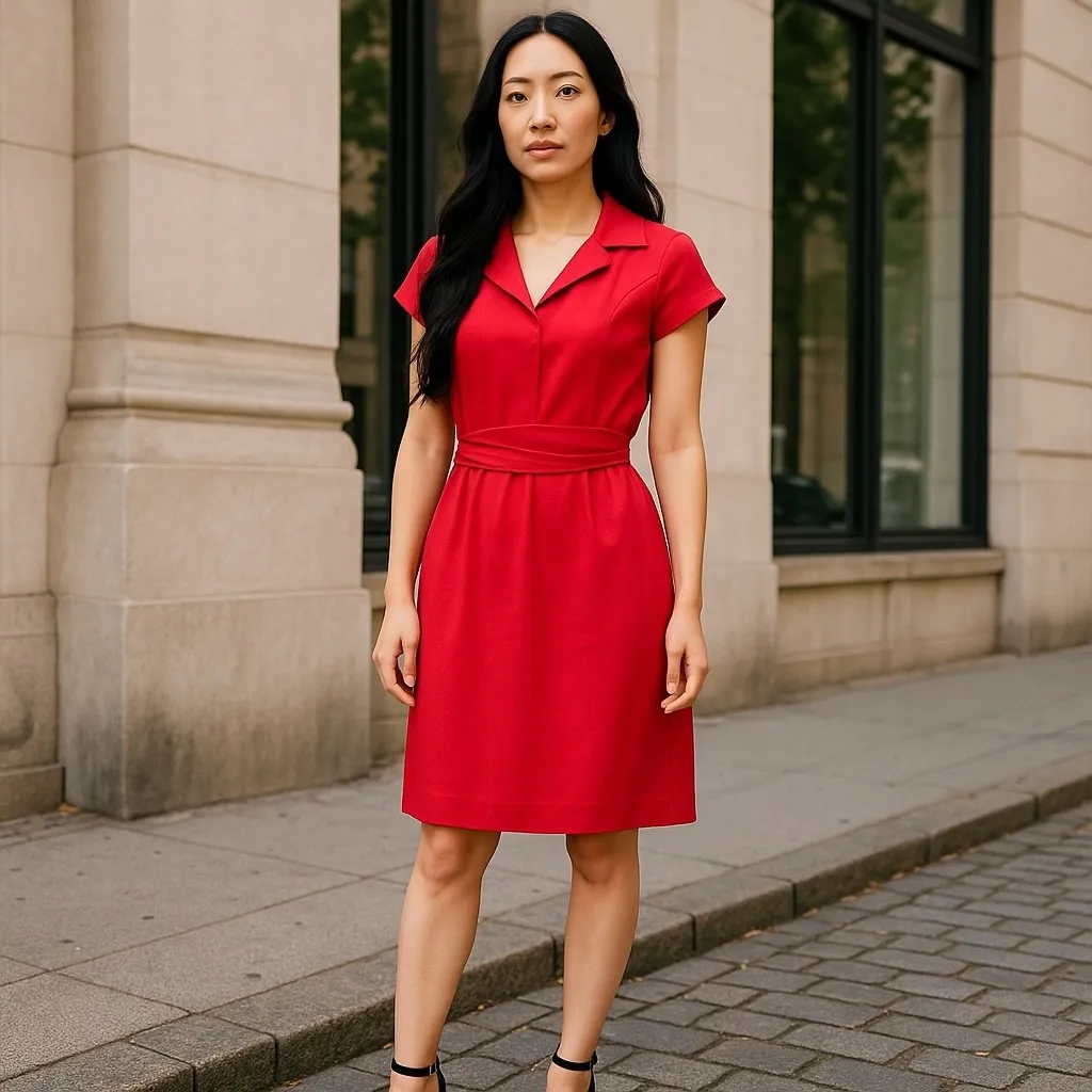 T Tahari Red & Coral Dress Belt Ruffled Collar V Neckline Size 6 - Image 15