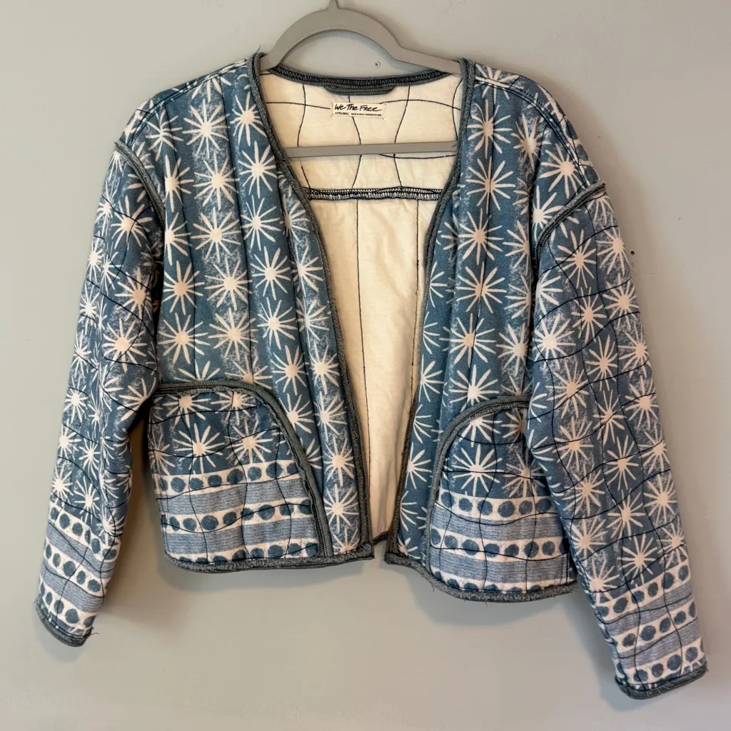 Free People Kara Quilted Cardigan Jacket XS Blue Print - Image 2