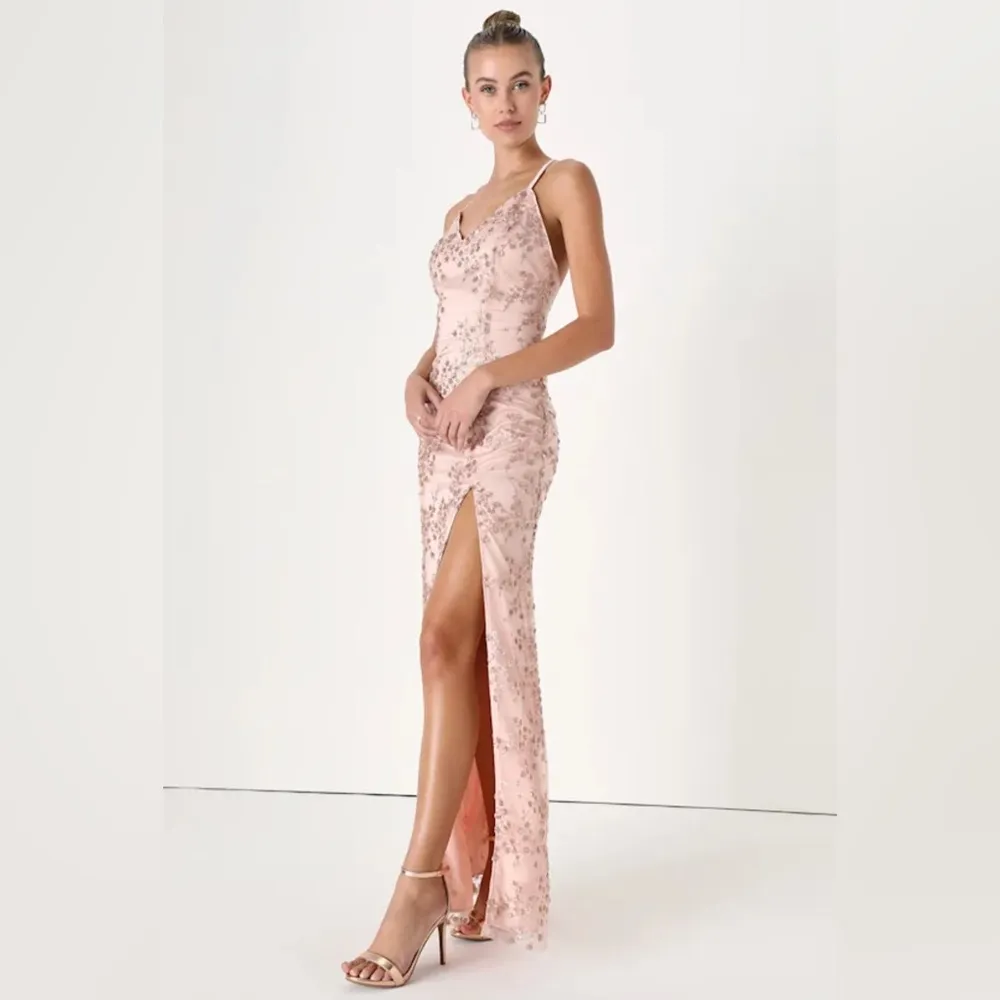 Lulus Bliss Blossoms Blush Pink Sequin delicate Fairycore Backless Maxi Dress XL - Image 2