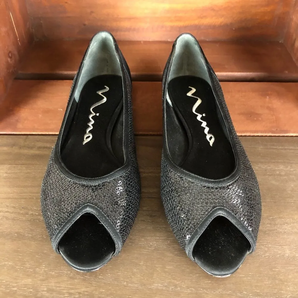 Nina Black Sequined Open Toe Kitten Heels - Image 3