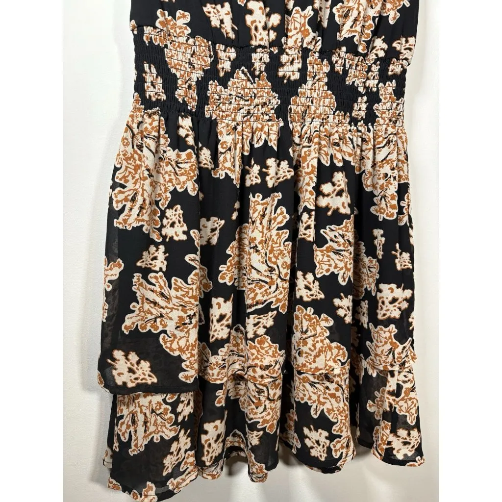 THML  Floral Fall Flutter Ruffle Black Brown Mini Dress Boho Cottagecore Medium - Image 3