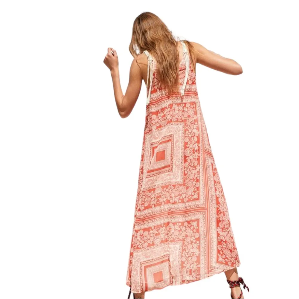 Zara Floral Print Fringe Crochet Neck Detailing Maxi Dress in Red/Cream - Image 2