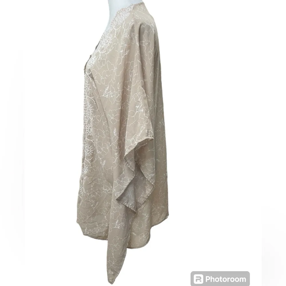 Tan  White Floral Print with Embroidered Detail Open Front Kimono One Size - Image 4