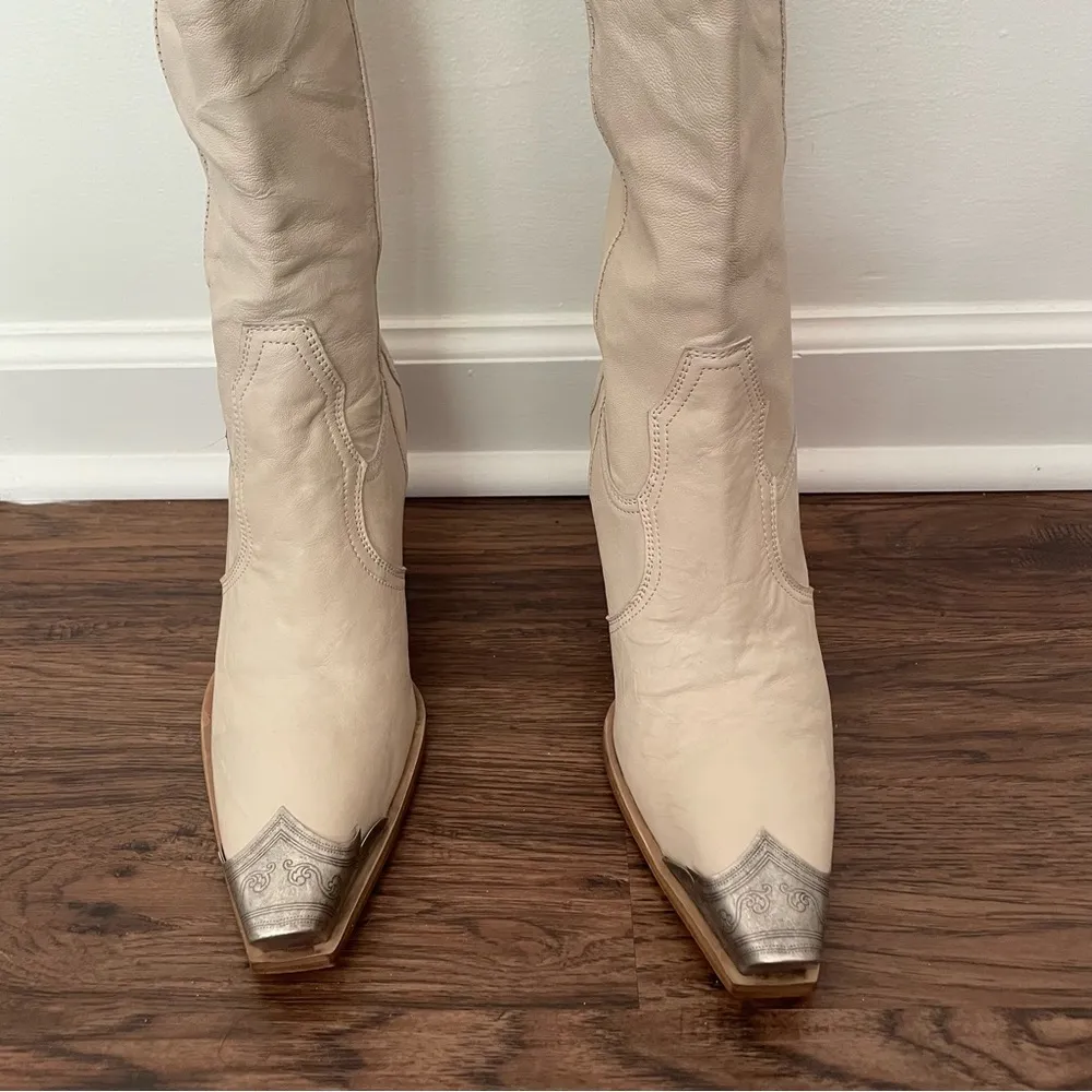 NWOT Free People Brayden Mid Tall Leather Western Boot Sz 41 Heel Toecap Cream - Image 7