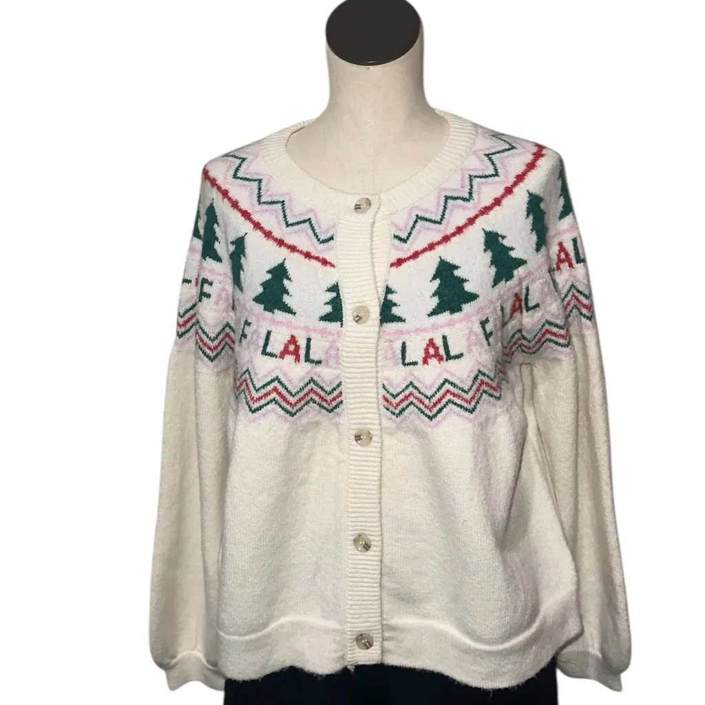 NWT Sincerely Jules Festive FA LA LA Christmas Cardigan Sweater Trees Holiday White Size M - Image 2