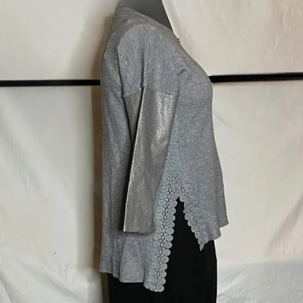Miss Morena Gray Sweater Lace Long Pleather Sleeves NWOT Womens Large - Image 5