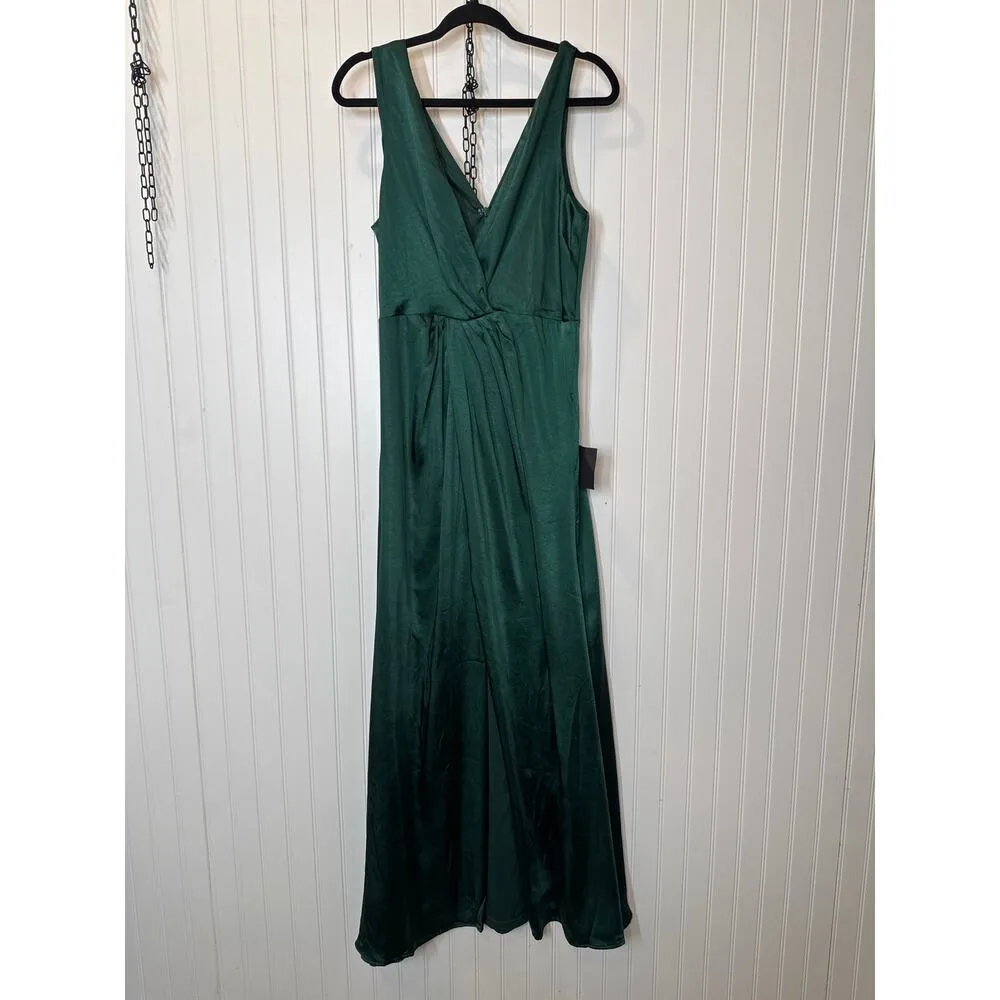 NWOT Lulus Perfect Refinement Emerald Satin Sleeveless Pleated Maxi Dress Size L - Image 3