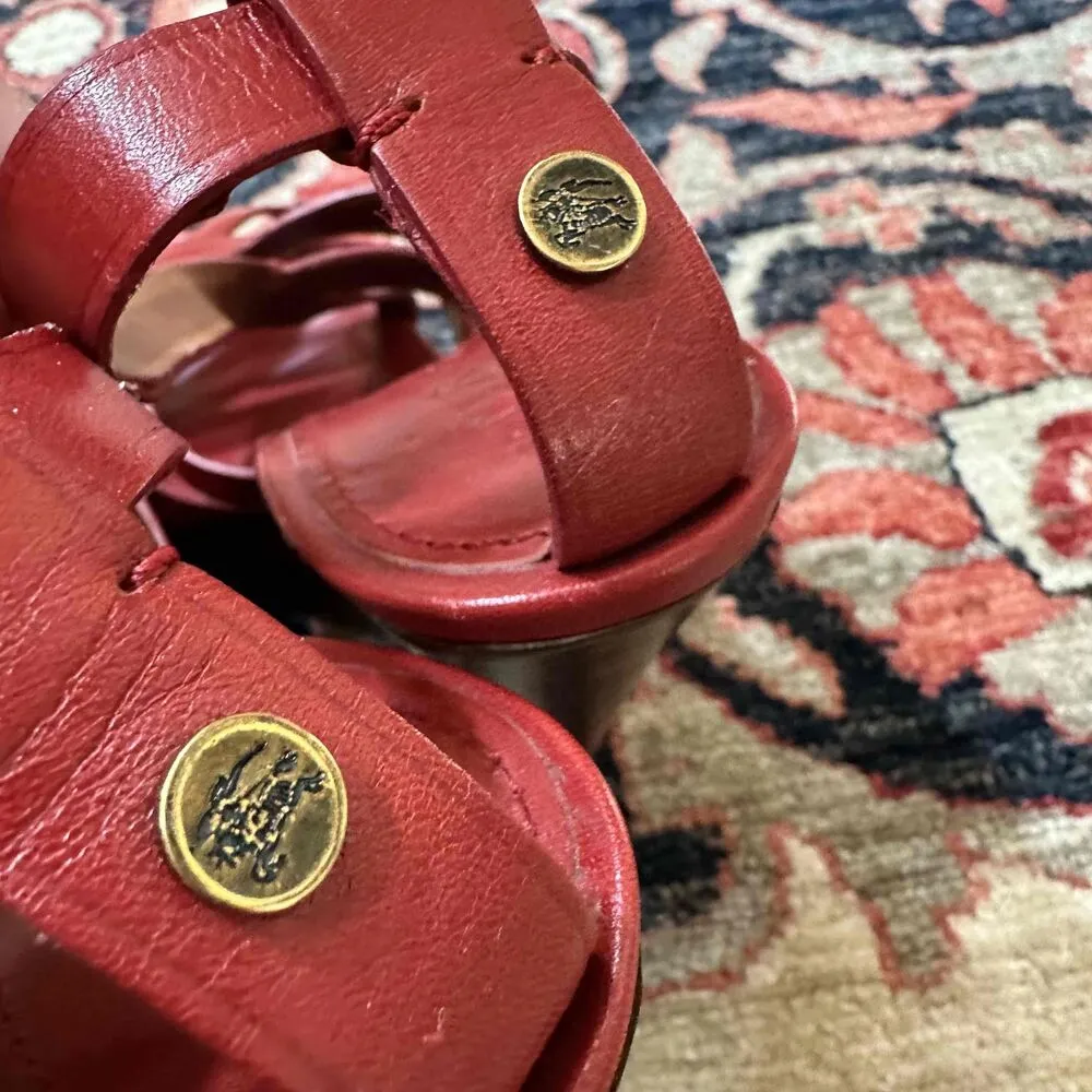 Burberry Red Leather Open Toe Ankle Strap Wedge Sandals - Image 9