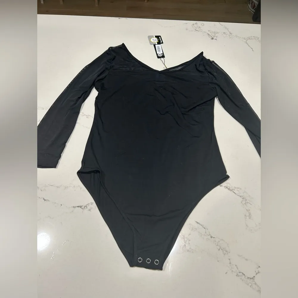 NEW Black Soft Bamboo Bodysuit Sheer Long Sleeve Leotard Bodysuit XL - Image 3