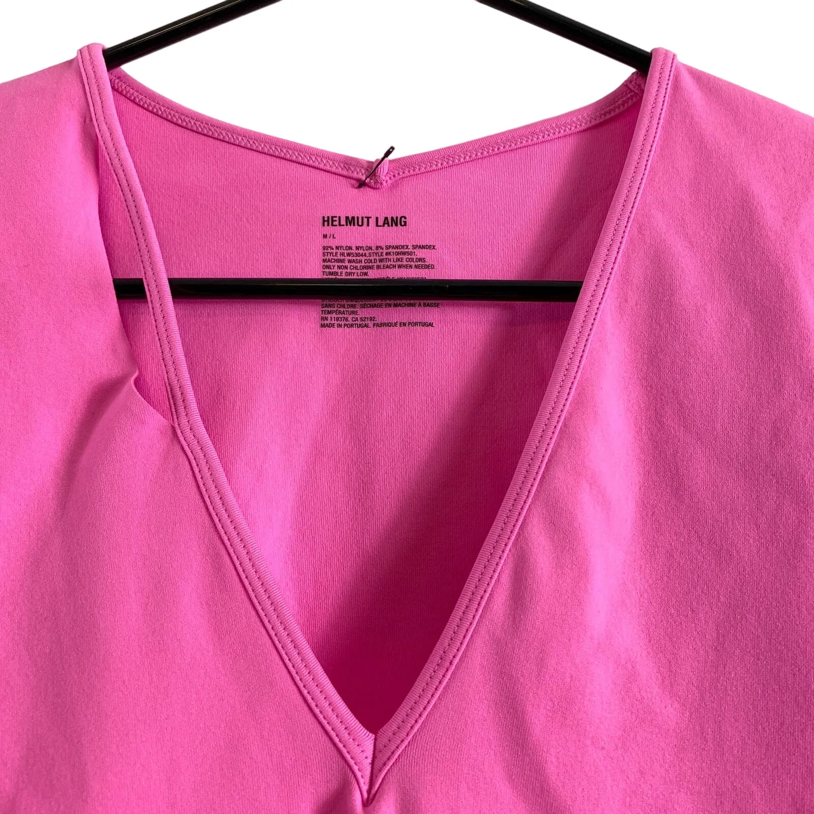 Helmut Lang Cutout Slash V-Neck Long Sleeve Top Shirt Disco Neon Pink M/L - Image 7