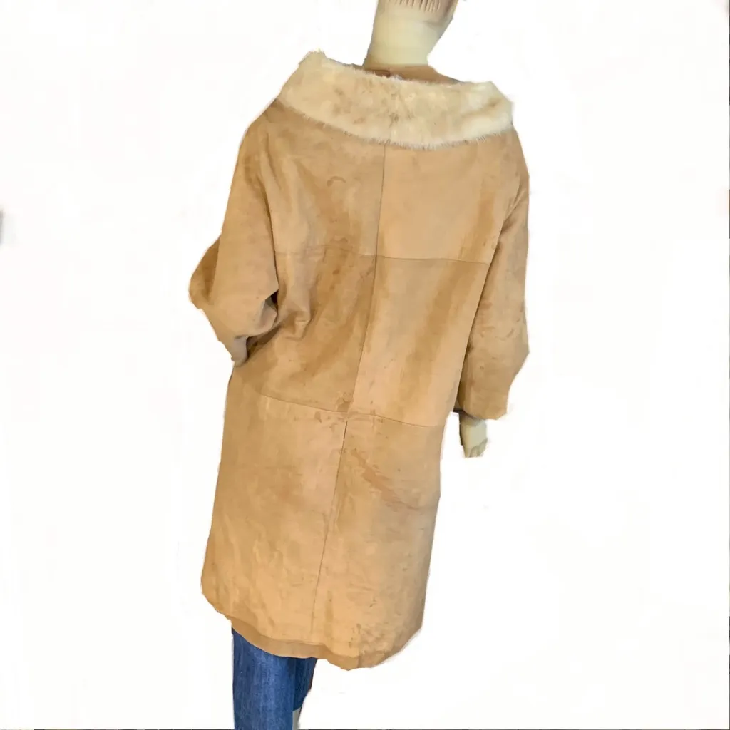 VINTAGE 1970'S BROWN SUEDE W/BLONDE MINK COLLAR SWING COAT (M) Size M - Image 4