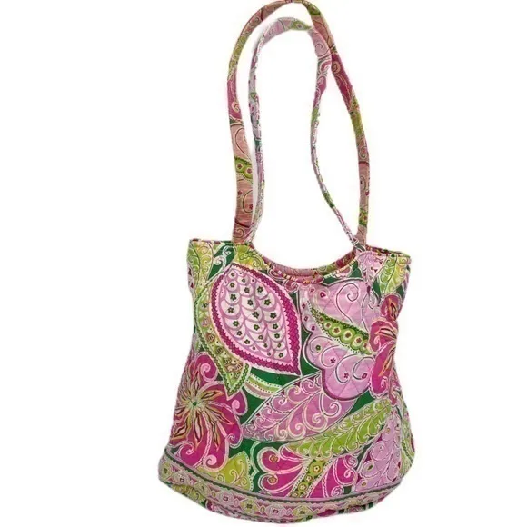 Vera Bradley Pink Green Paisley Floral Quilted Shoulder Bag Tote Purse OS - Image 2