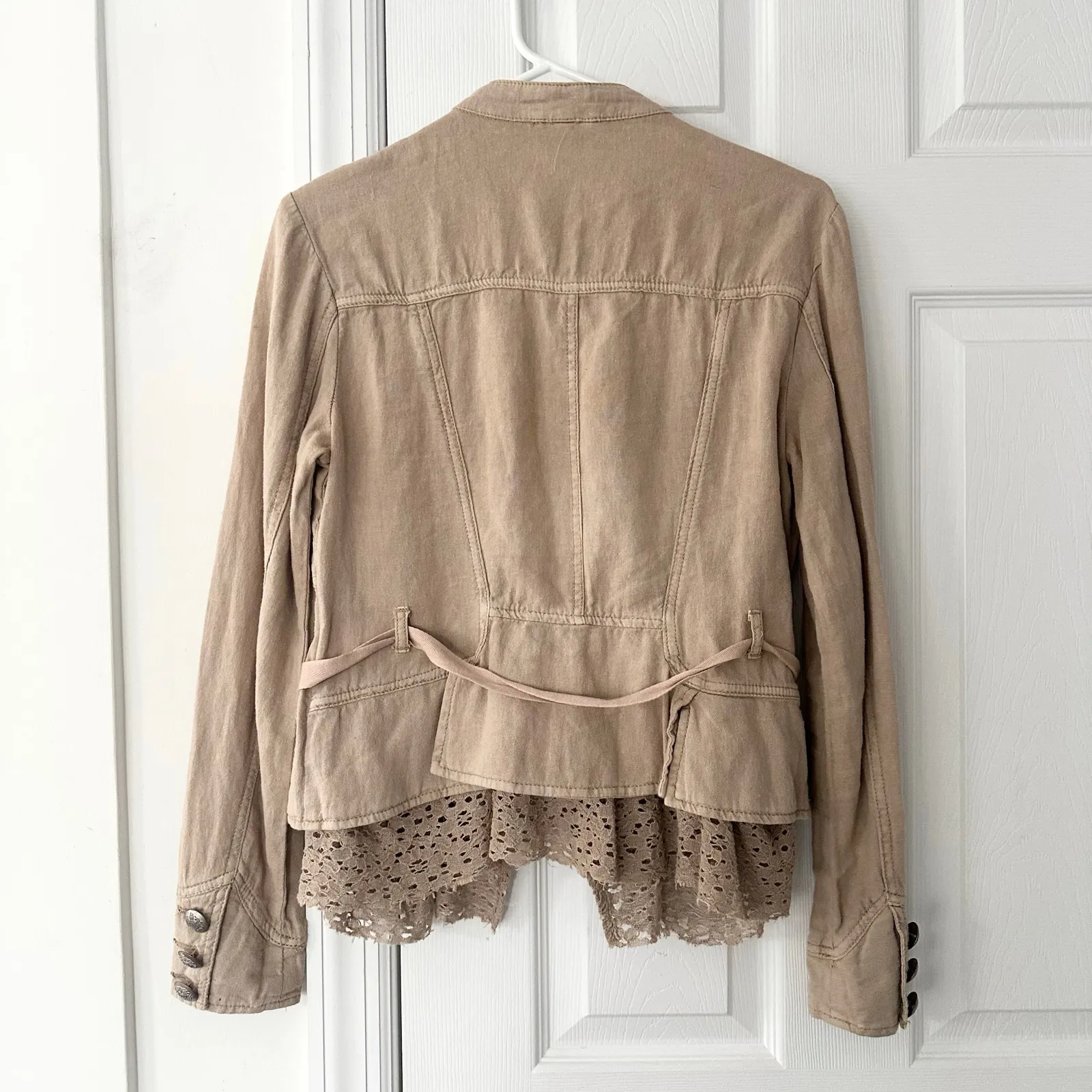 Free People Emilia Tan Military Eyelet Lace Trim Boho Femme Jacket Tie Belt XS - Image 7