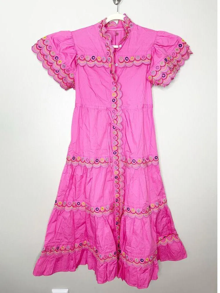 CeliaB Alvis Fuschia Pink Scalloped Edge Tiered Midi Shirt Dress XS $400 - Image 2