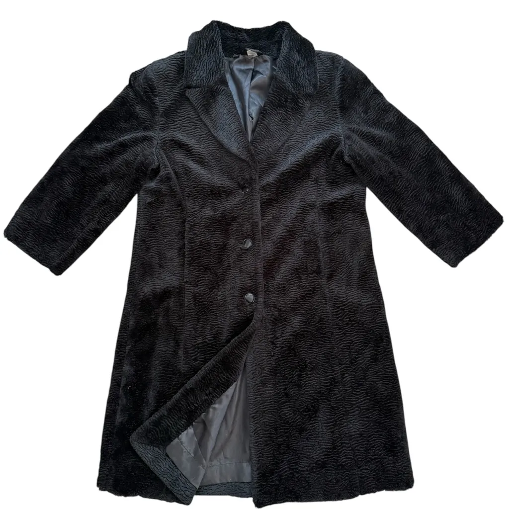 Vintage Black Faux Fur Coat Textured Velour Long Overcoat L Large XL - Image 3