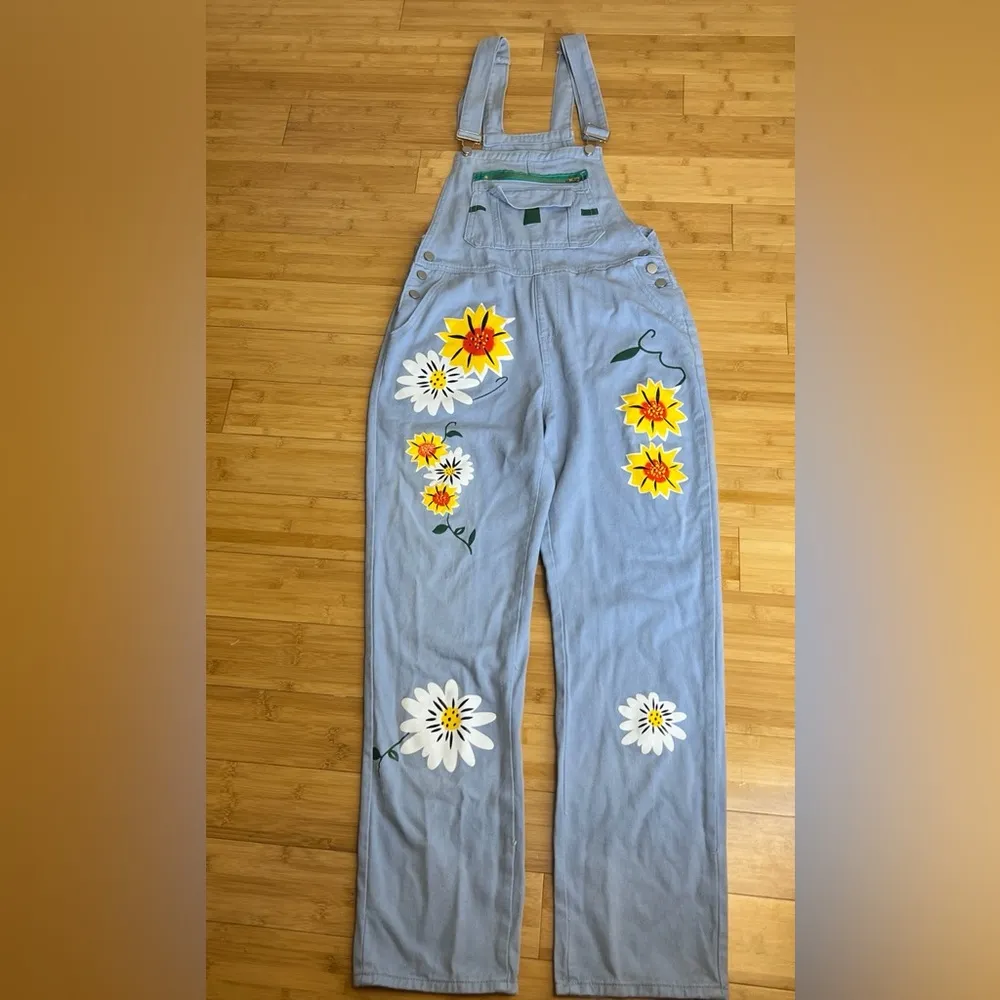 Women Adjustable Casual Jean Bib Overall Dungarees, Floral|Hippie, BOHO|Size:M Blue Size M - Image 16