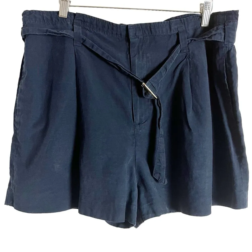 Club Monaco Darcee Navy Blue Linen Belted Paperbag Shorts Size 12 - Image 4