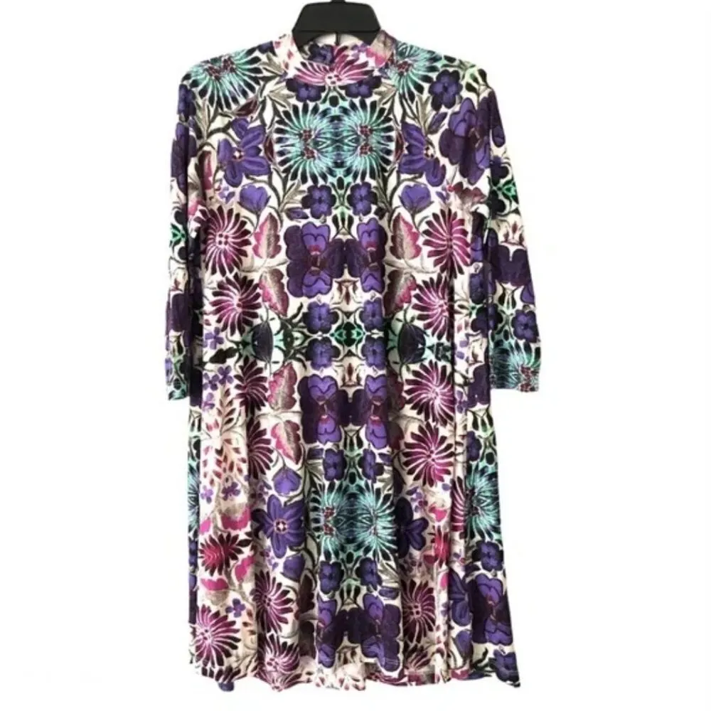 Free People New Romantics Fiesta Trapeze Mini Dress M Purple Floral Stretch - Image 4