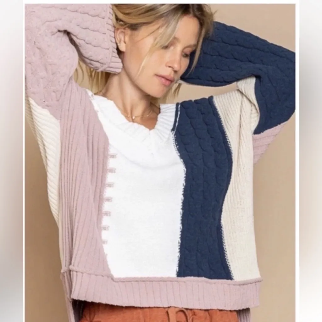 POL V-Neck Color Block Chunky Knitted Sweater Women’s Size M - Image 7