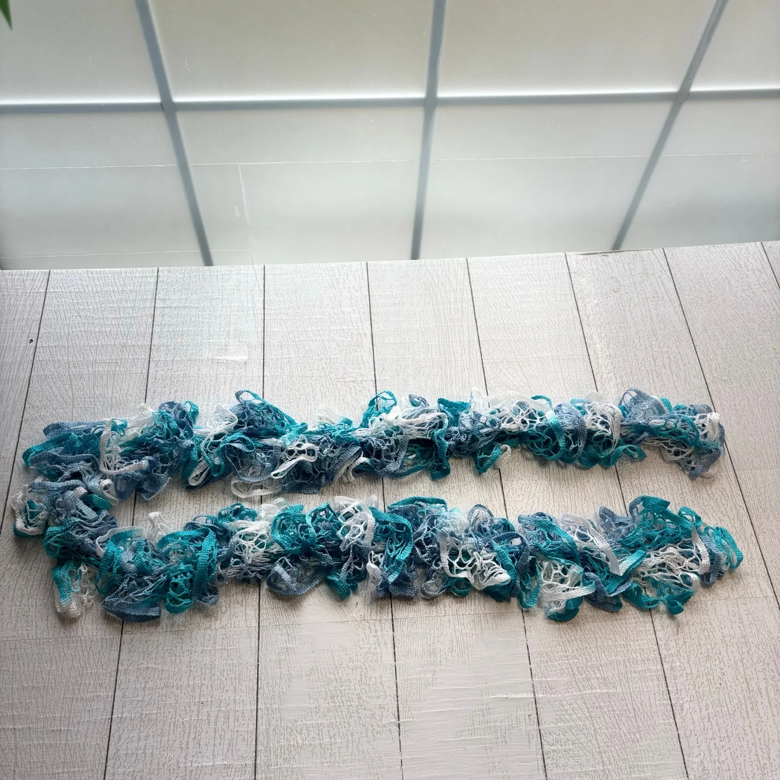 Handmade Ruffle Scarf In Shades Of Blue, Teal and White - Image 2