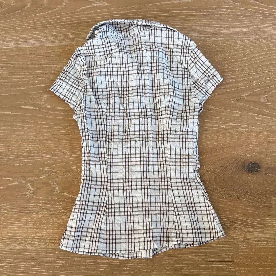 Princess Polly Short Sleeve Button Up Shirt Checks Cottesloe Size US 0 Cream - Image 3